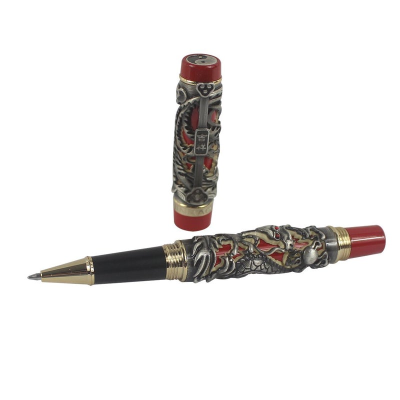 zoohot Jinhao Rollerball Pen Dragon/Loong & Phoenix Antique Silver and Red Screw Cap - Image 3